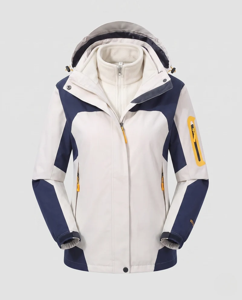 Damen zwei-teiliges Softshell-Fleece-Outdoormantel-Set mit abnehmbarem Kapuze und Ärmeltaschen mit Reißverschluss Drune