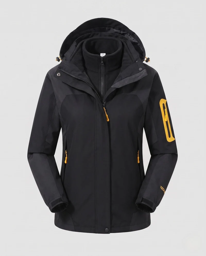 Damen zwei-teiliges Softshell-Fleece-Outdoormantel-Set mit abnehmbarem Kapuze und Ärmeltaschen mit Reißverschluss Drune