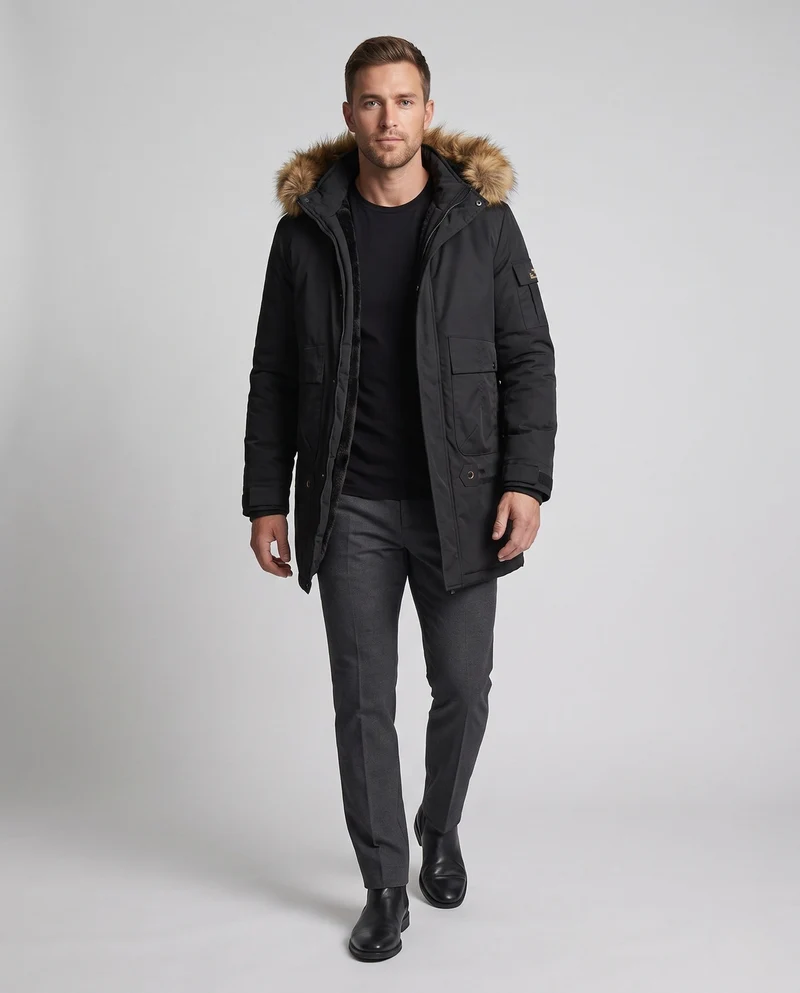 Herren Arctic Utility Parka mit Sherpa-Futter, abnehmbarer Kunstpelzkapuze und verstellbarem Zugband Drune