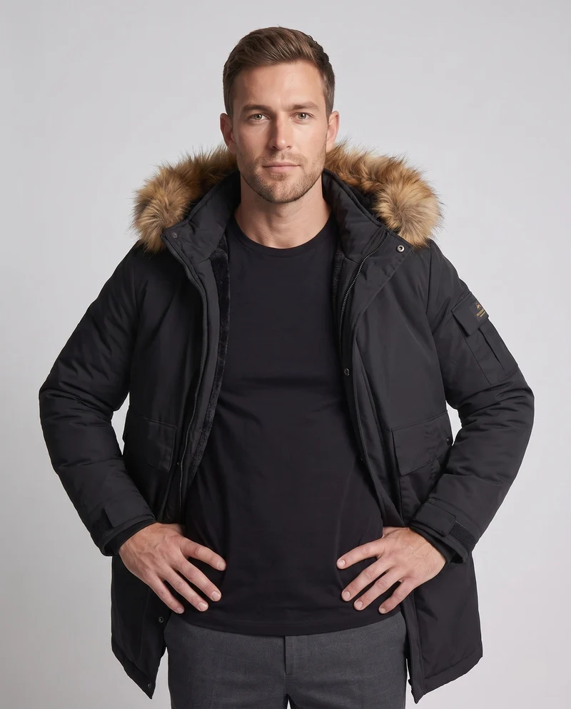 Herren Arctic Utility Parka mit Sherpa-Futter, abnehmbarer Kunstpelzkapuze und verstellbarem Zugband Drune