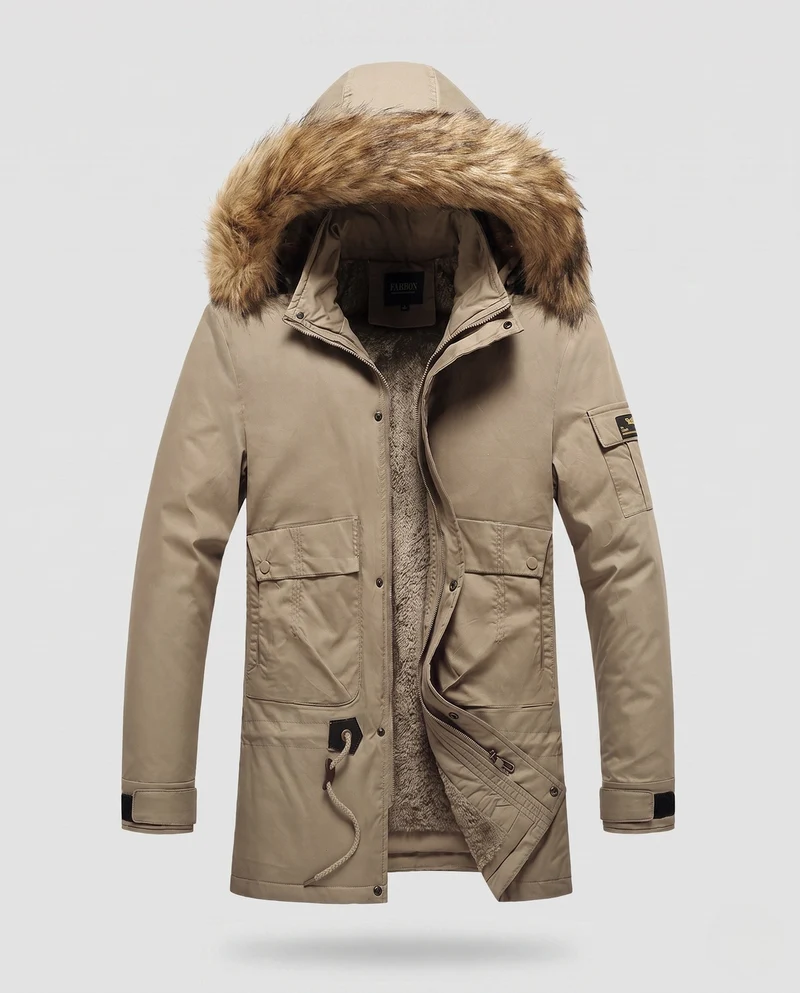 Herren Arctic Utility Parka mit Sherpa-Futter, abnehmbarer Kunstpelzkapuze und verstellbarem Zugband Drune