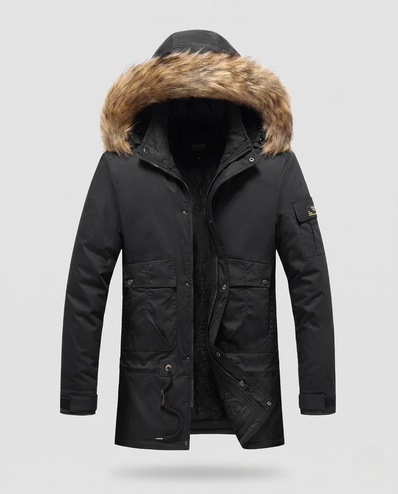 Herren Arctic Utility Parka mit Sherpa-Futter, abnehmbarer Kunstpelzkapuze und verstellbarem Zugband Drune
