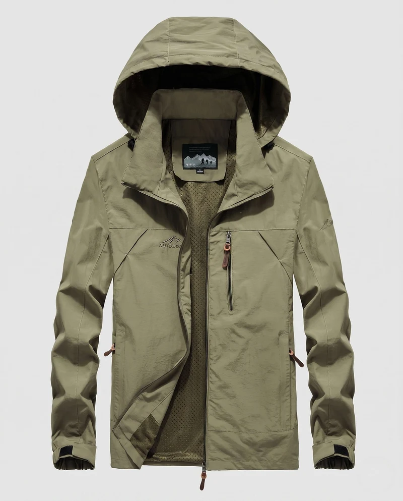 Atmungsaktive leichte Outdoor-Jacke für Herren mit Kapuze, Mesh-Innenfutter und mehreren Taschen Drune