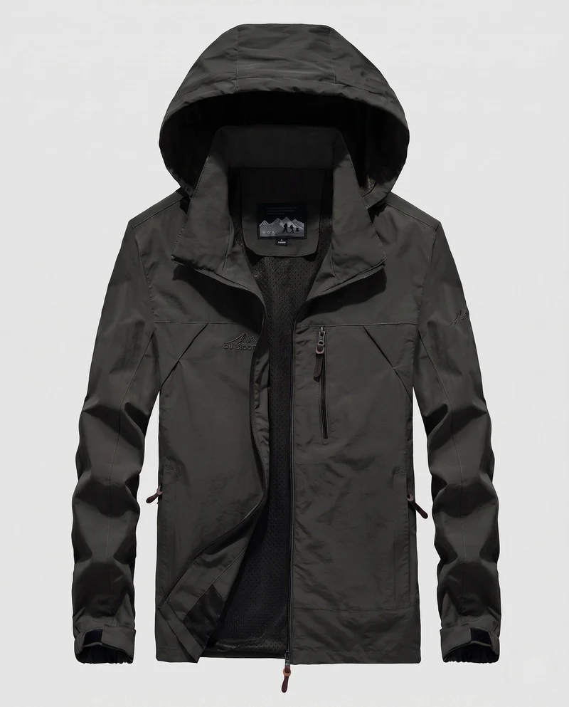 Atmungsaktive leichte Outdoor-Jacke für Herren mit Kapuze, Mesh-Innenfutter und mehreren Taschen Drune