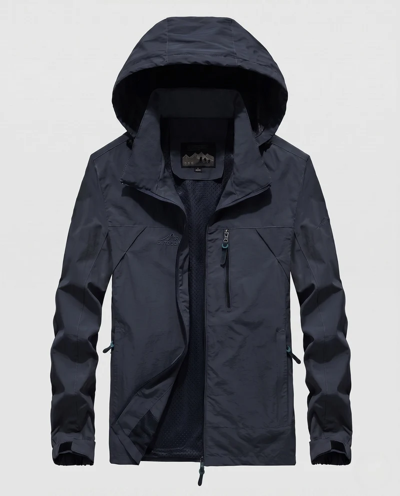 Atmungsaktive leichte Outdoor-Jacke für Herren mit Kapuze, Mesh-Innenfutter und mehreren Taschen Drune