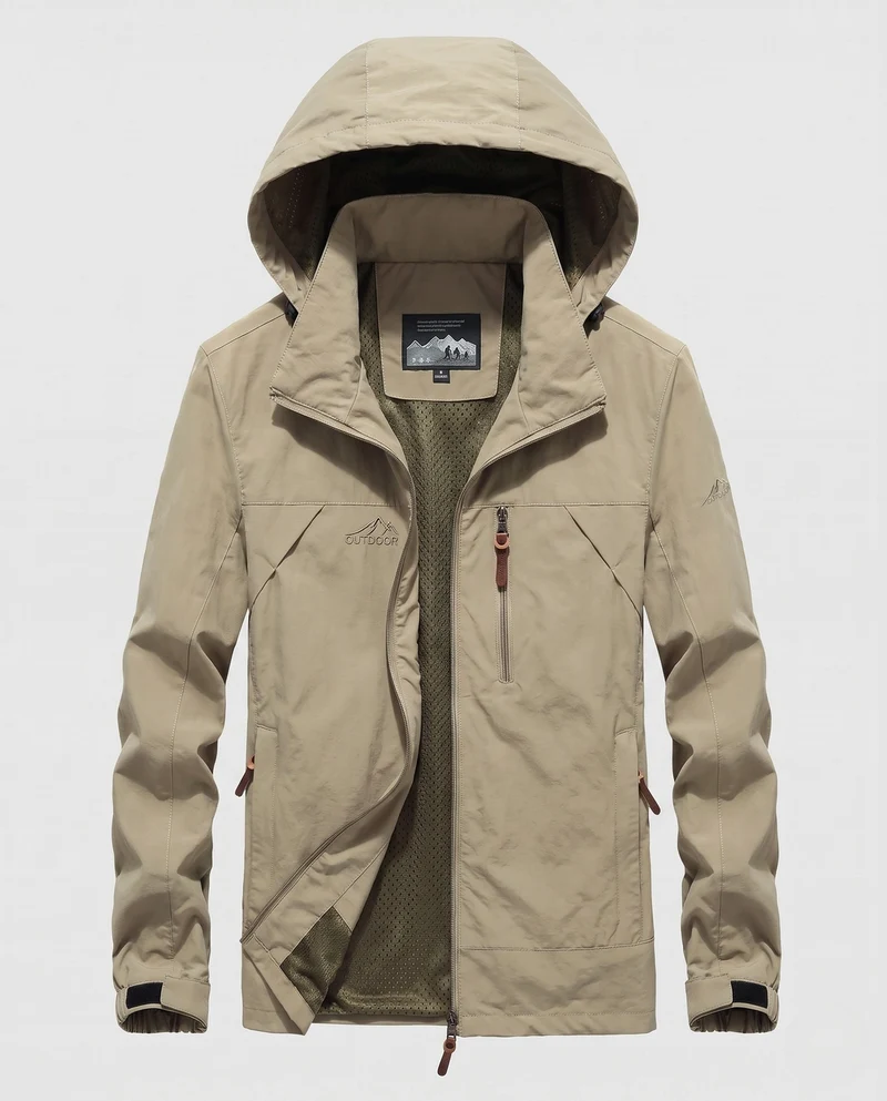 Atmungsaktive leichte Outdoor-Jacke für Herren mit Kapuze, Mesh-Innenfutter und mehreren Taschen Drune