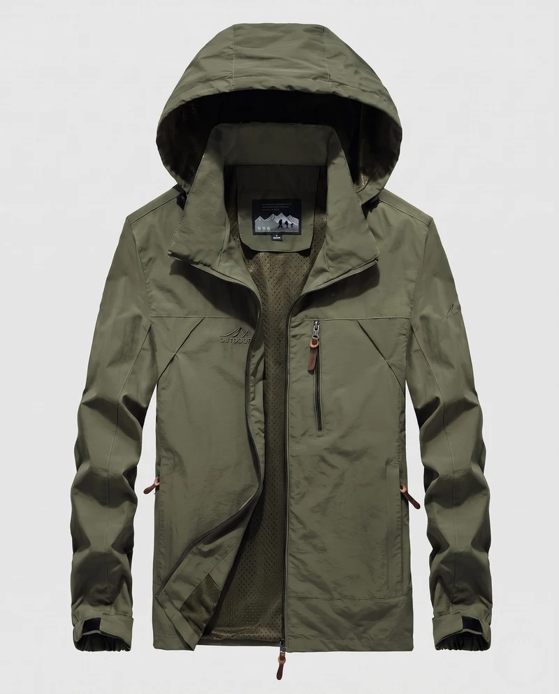Atmungsaktive leichte Outdoor-Jacke für Herren mit Kapuze, Mesh-Innenfutter und mehreren Taschen Drune