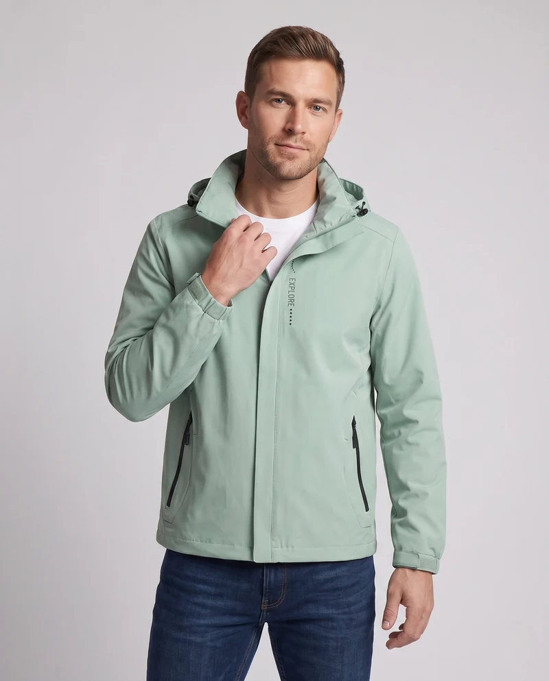 Herren Atmungsaktive Softshell Funktionsjacke mit verstaubarem Kapuze und Klettverschlussärmeln Drune