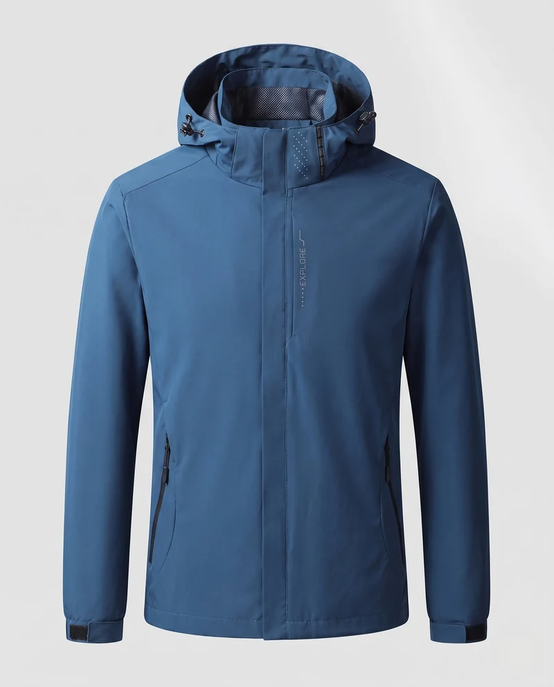 Herren Atmungsaktive Softshell Funktionsjacke mit verstaubarem Kapuze und Klettverschlussärmeln Drune