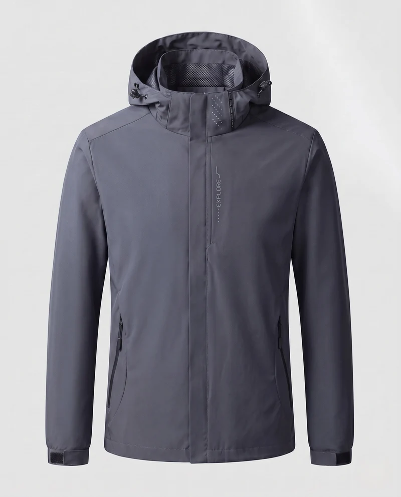 Herren Atmungsaktive Softshell Funktionsjacke mit verstaubarem Kapuze und Klettverschlussärmeln Drune