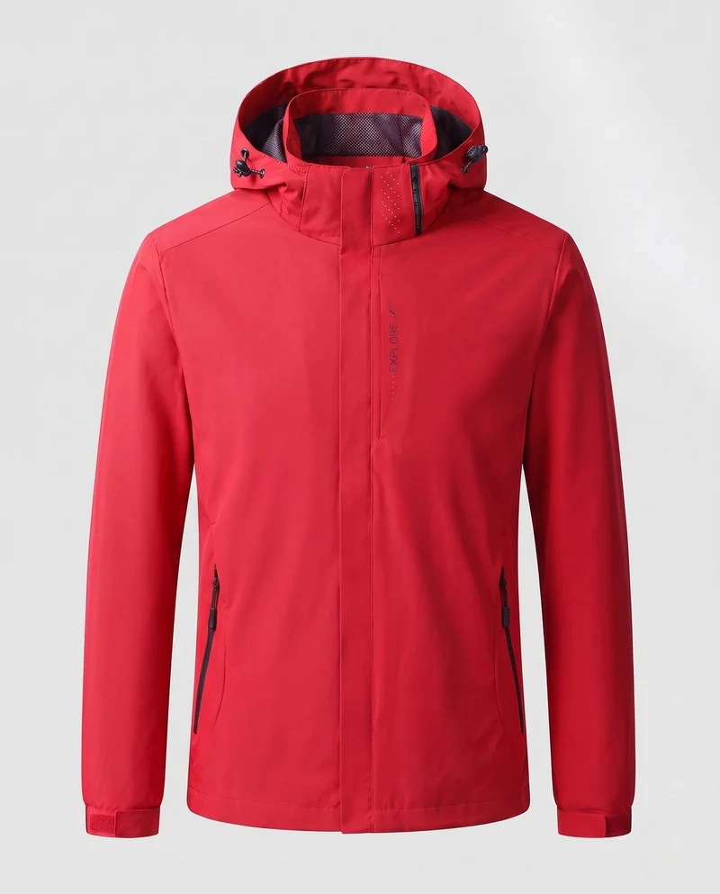 Herren Atmungsaktive Softshell Funktionsjacke mit verstaubarem Kapuze und Klettverschlussärmeln Drune