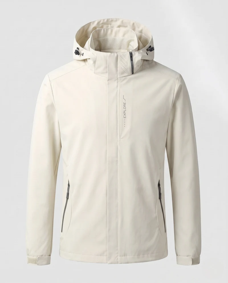 Herren Atmungsaktive Softshell Funktionsjacke mit verstaubarem Kapuze und Klettverschlussärmeln Drune