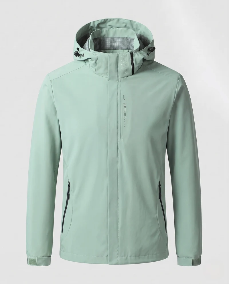 Herren Atmungsaktive Softshell Funktionsjacke mit verstaubarem Kapuze und Klettverschlussärmeln Drune
