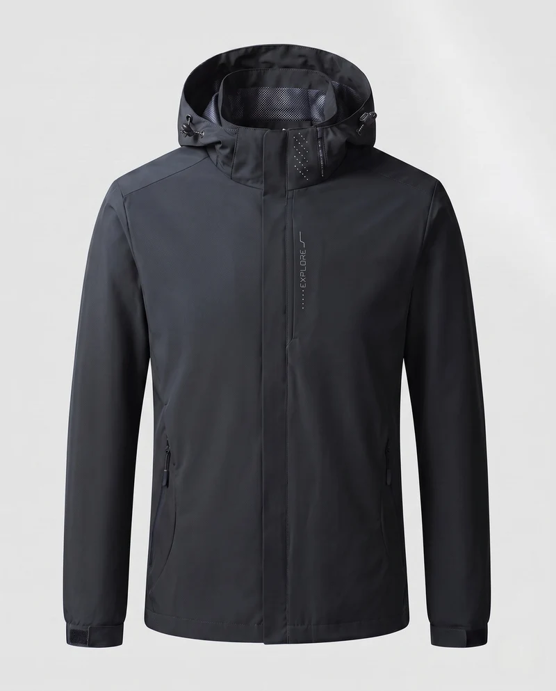 Herren Atmungsaktive Softshell Funktionsjacke mit verstaubarem Kapuze und Klettverschlussärmeln Drune