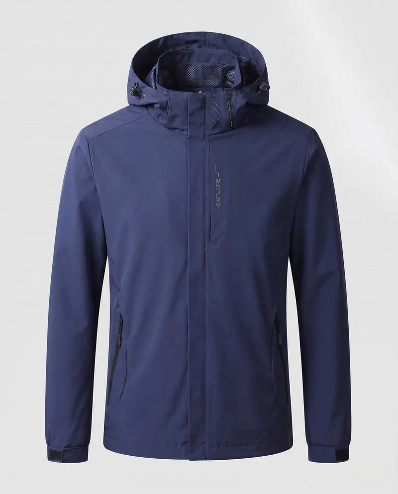 Herren Atmungsaktive Softshell Funktionsjacke mit verstaubarem Kapuze und Klettverschlussärmeln Drune