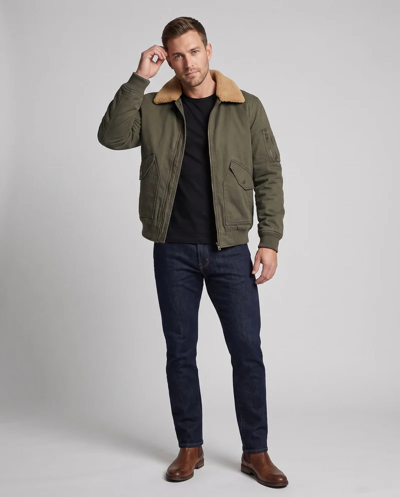 Herren Aviator-Bomber aus strapazierfähigem Canvas mit Teddy-Futter und Utility-Tasche an der Schulter Drune