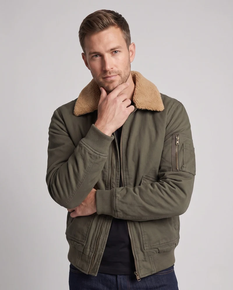 Herren Aviator-Bomber aus strapazierfähigem Canvas mit Teddy-Futter und Utility-Tasche an der Schulter Drune
