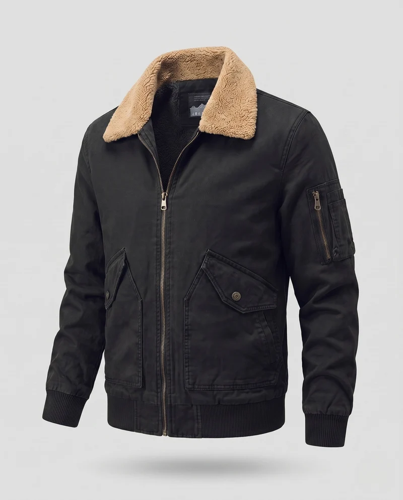 Herren Aviator-Bomber aus strapazierfähigem Canvas mit Teddy-Futter und Utility-Tasche an der Schulter Drune