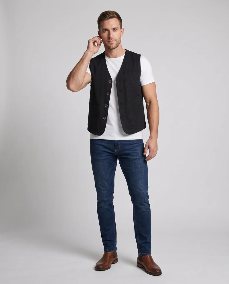 Herren Baumwoll-Canvas-Weste mit V-Ausschnitt und multifunktionalen Taschen Drune