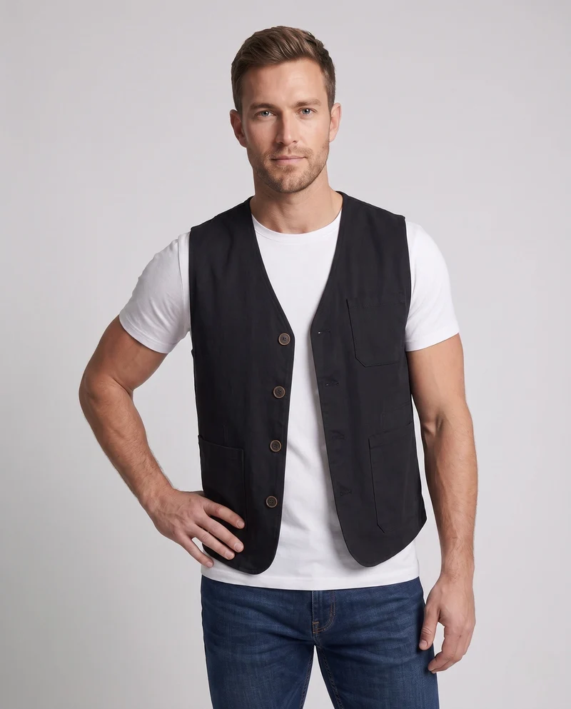 Herren Baumwoll-Canvas-Weste mit V-Ausschnitt und multifunktionalen Taschen Drune