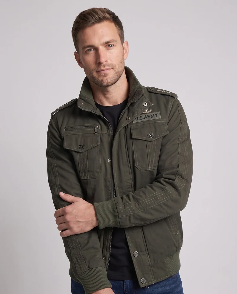 Herren Baumwollfeldjacke im Military-Stil mit Stehkragen, Schulterklappen und mehreren Taschen Drune