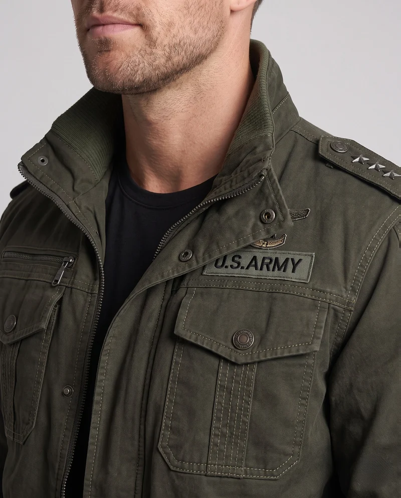Herren Baumwollfeldjacke im Military-Stil mit Stehkragen, Schulterklappen und mehreren Taschen Drune