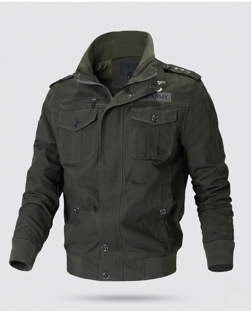 Herren Baumwollfeldjacke im Military-Stil mit Stehkragen, Schulterklappen und mehreren Taschen Drune
