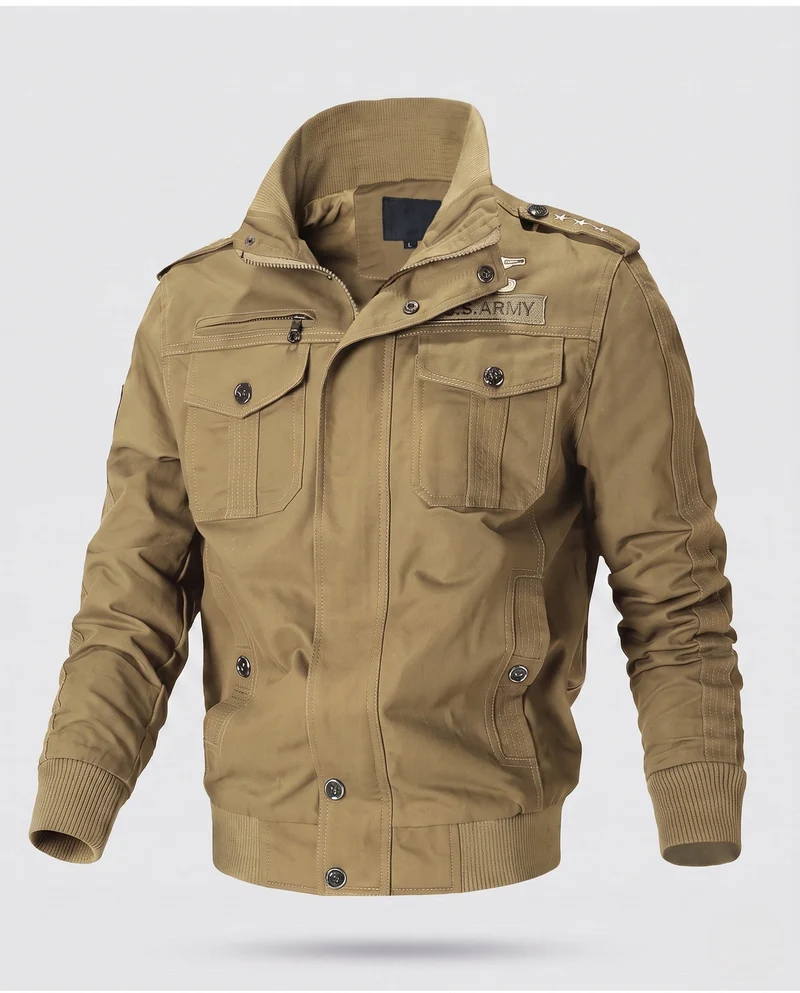 Herren Baumwollfeldjacke im Military-Stil mit Stehkragen, Schulterklappen und mehreren Taschen Drune