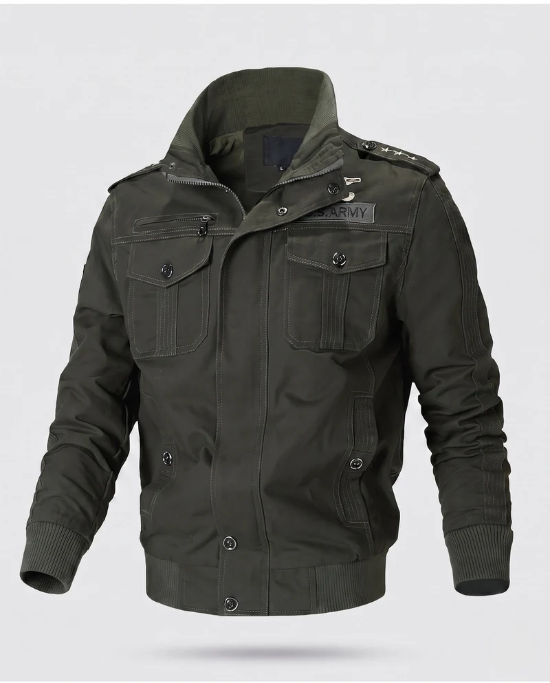 Herren Baumwollfeldjacke im Military-Stil mit Stehkragen, Schulterklappen und mehreren Taschen Drune