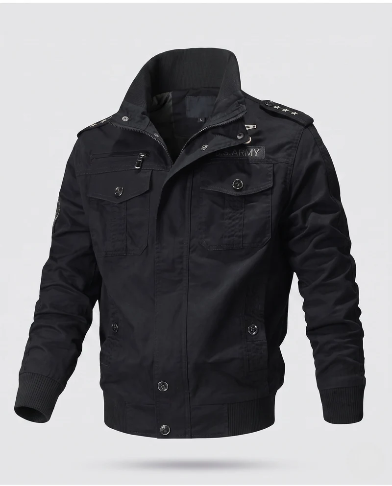 Herren Baumwollfeldjacke im Military-Stil mit Stehkragen, Schulterklappen und mehreren Taschen Drune