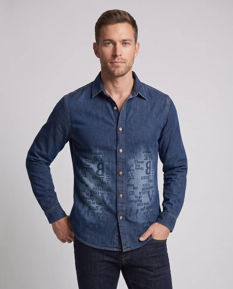 Herren Druck-Denim-Hemd im Overshirt-Stil mit Knopfleiste und lässiger Passform Drune