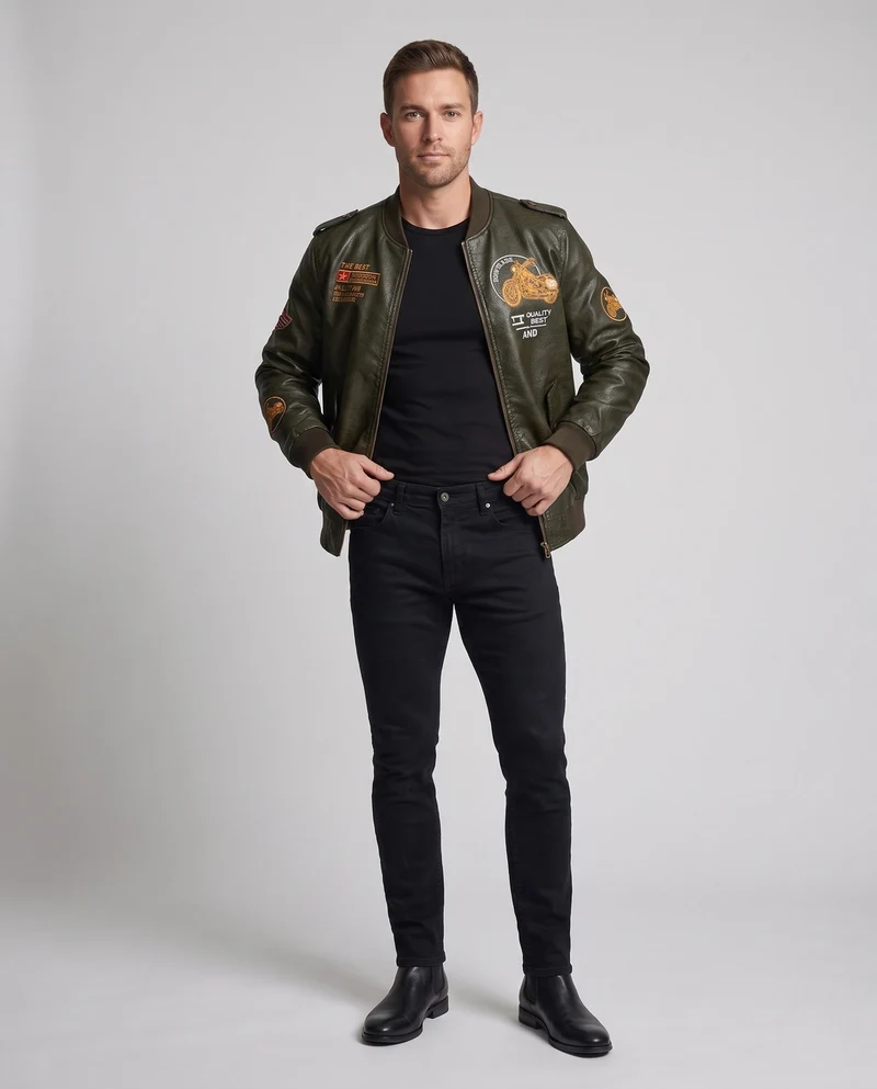 Herren Biker-Stil Kunstleder Bomberjacke mit gefüttertem Thermoinnenfutter und bestickten Applikationen Drune