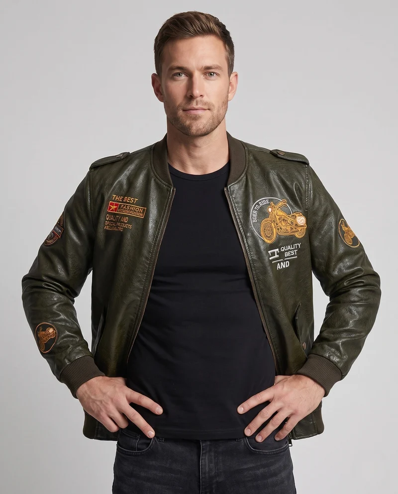 Herren Biker-Stil Kunstleder Bomberjacke mit gefüttertem Thermoinnenfutter und bestickten Applikationen Drune
