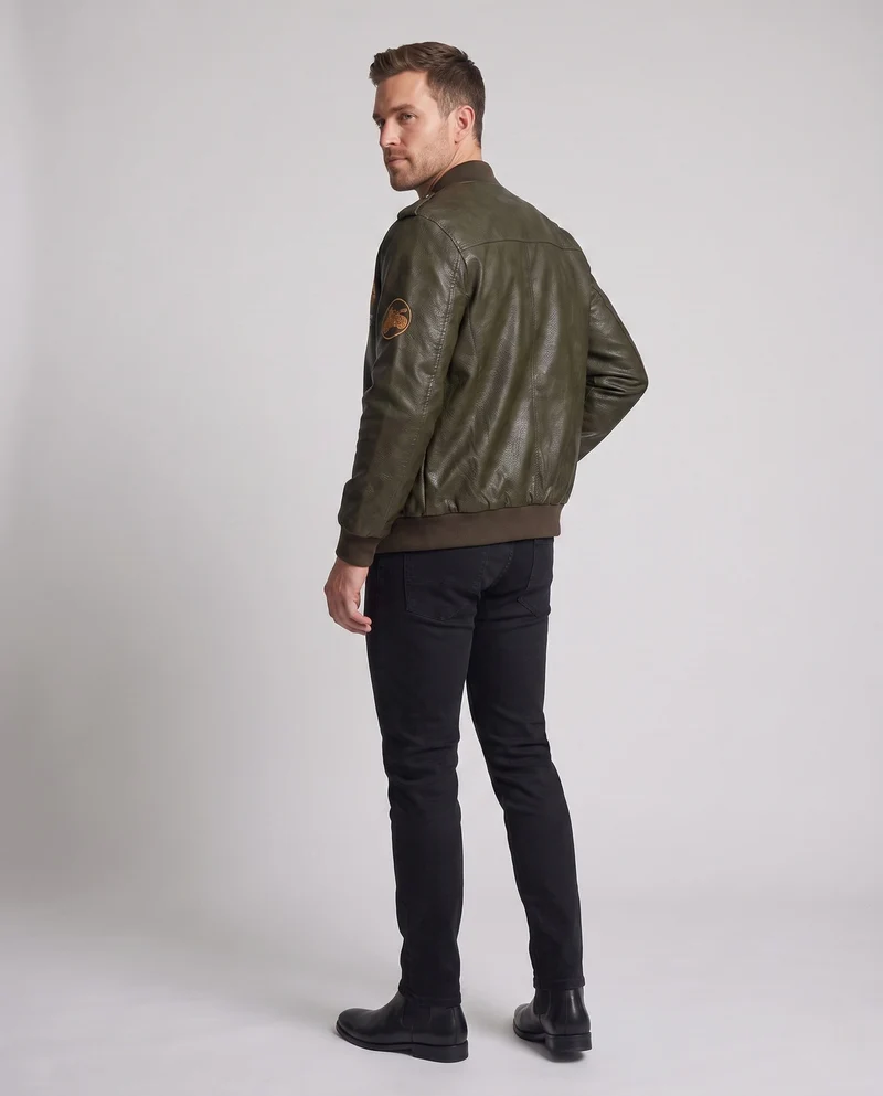 Herren Biker-Stil Kunstleder Bomberjacke mit gefüttertem Thermoinnenfutter und bestickten Applikationen Drune