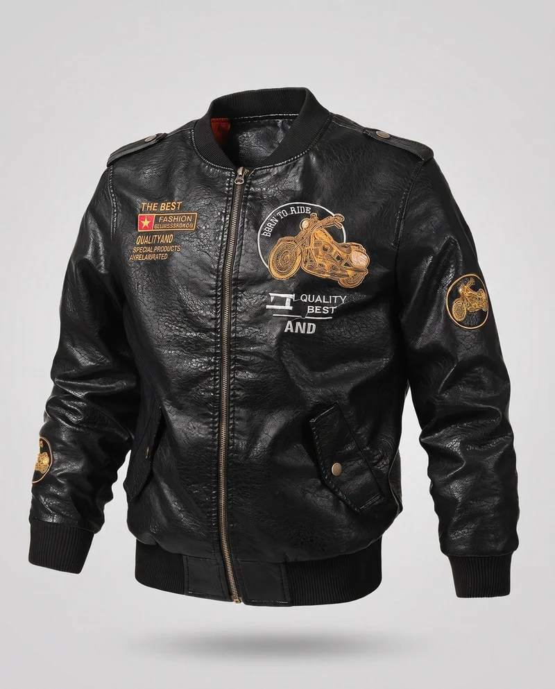 Herren Biker-Stil Kunstleder Bomberjacke mit gefüttertem Thermoinnenfutter und bestickten Applikationen Drune