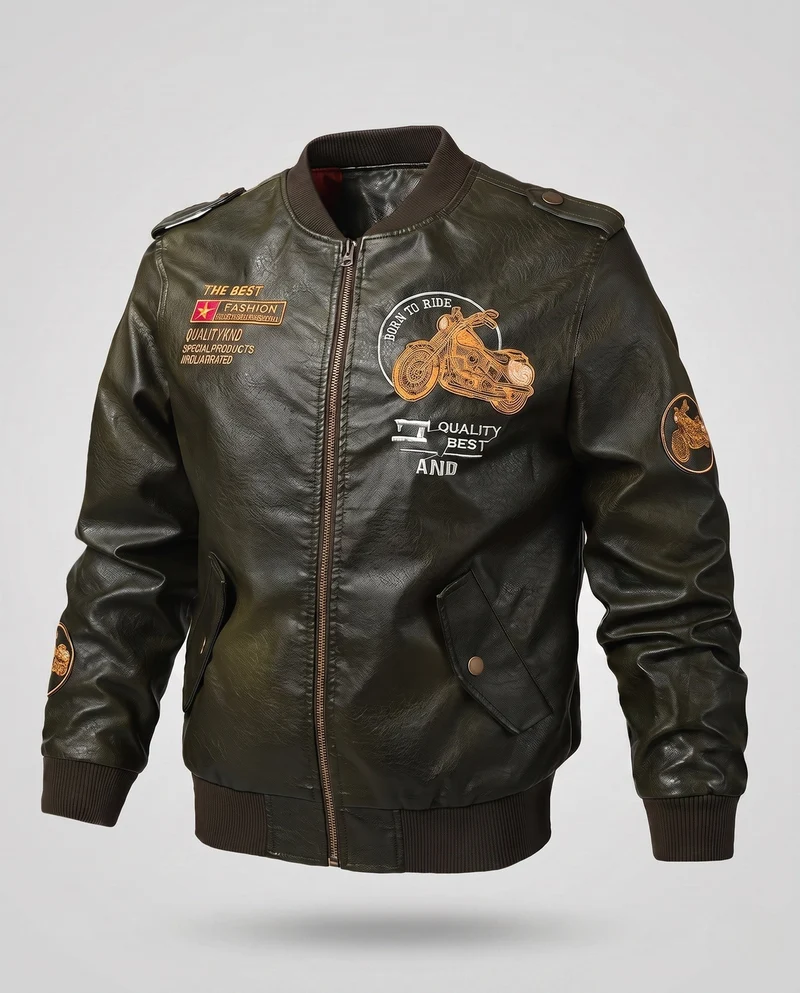 Herren Biker-Stil Kunstleder Bomberjacke mit gefüttertem Thermoinnenfutter und bestickten Applikationen Drune