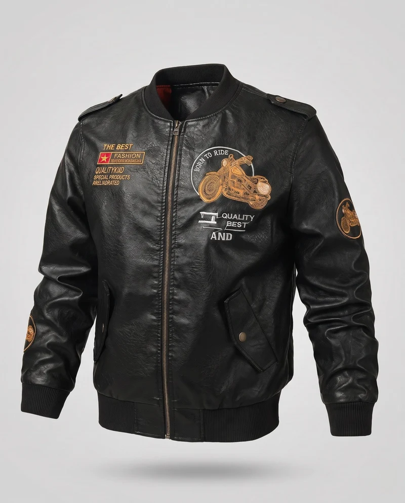 Herren Biker-Stil Kunstleder Bomberjacke mit gefüttertem Thermoinnenfutter und bestickten Applikationen Drune