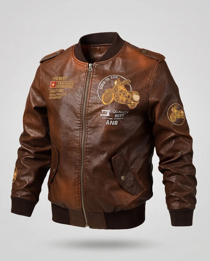 Herren Biker-Stil Kunstleder Bomberjacke mit gefüttertem Thermoinnenfutter und bestickten Applikationen Drune