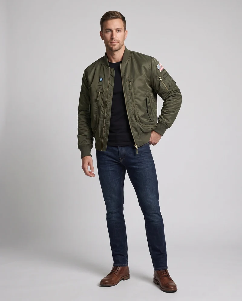 Herren Pilot-Stil Bomberjacke mit Utility-Taschen und gerippten Bündchen Drune