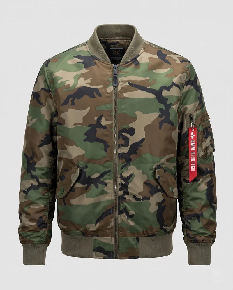 Herren Camouflage-Bomberjacke im Pilotenstil mit Armtasche und gerippten Bündchen Drune