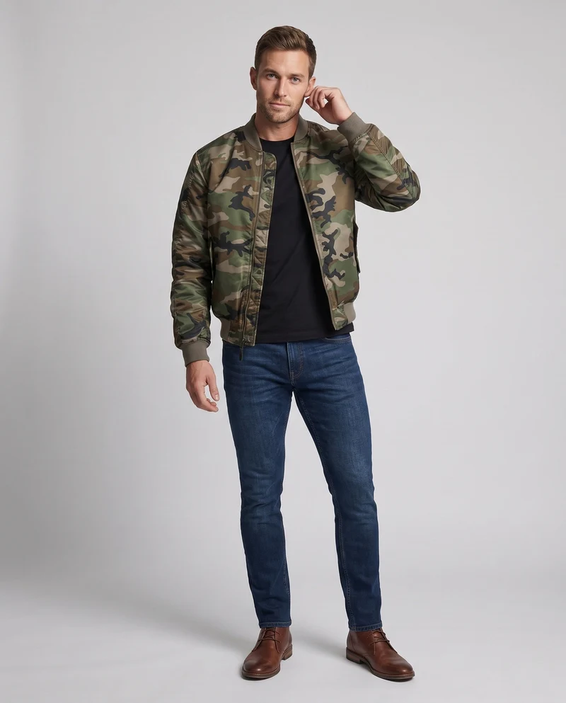 Herren Camouflage Flug-Bomberjacke mit Utility-Armtasche und gerippten Bündchen Drune