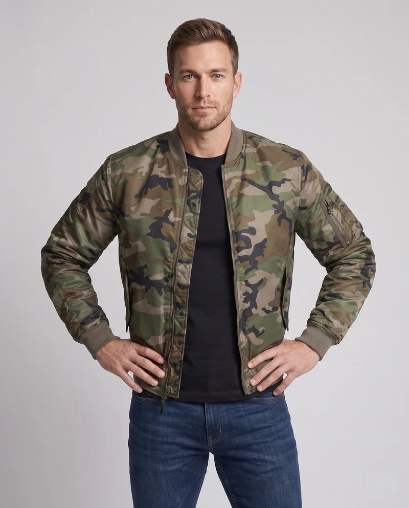 Herren Camouflage Flug-Bomberjacke mit Utility-Armtasche und gerippten Bündchen Drune