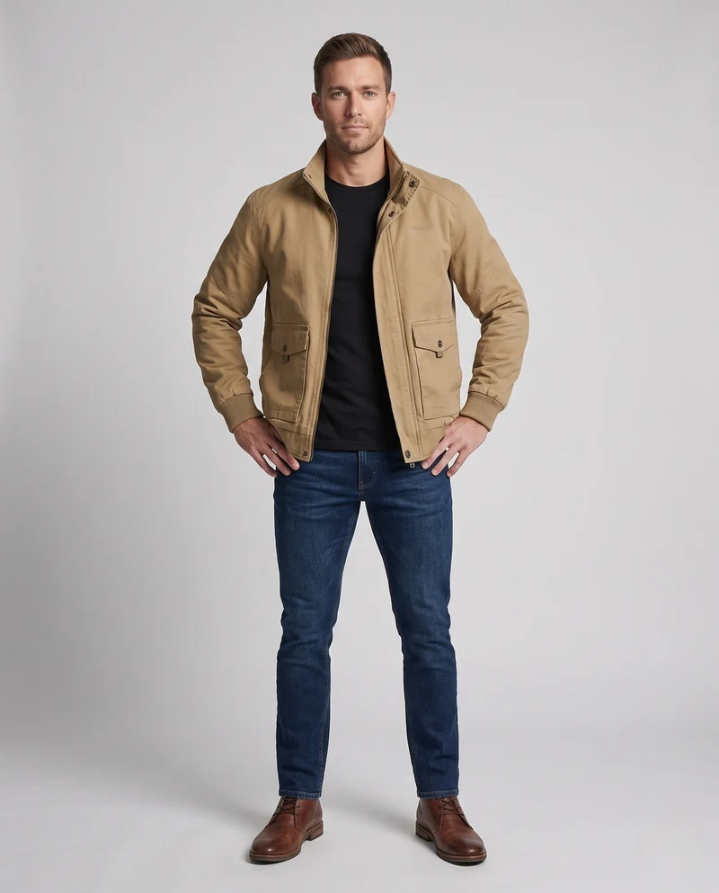 Herren-Canvas-Blouson mit gerippten Bündchen, verdecktem Frontreißverschluss und Camouflage-Futter Drune