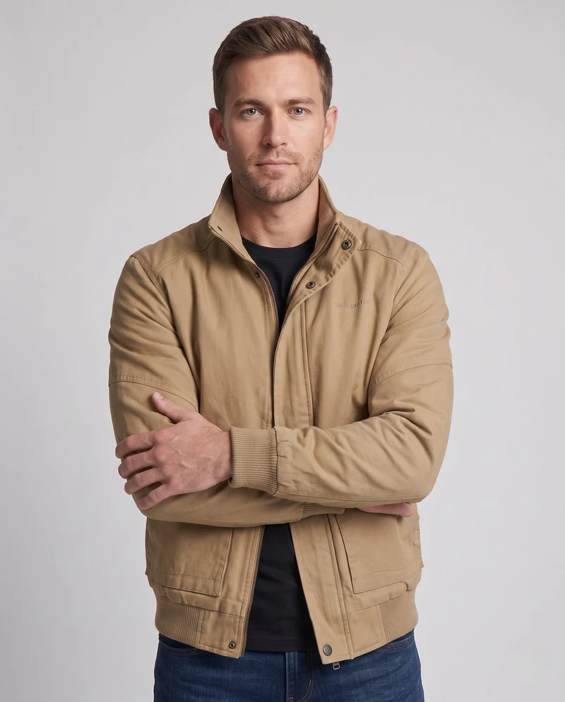 Herren-Canvas-Blouson mit gerippten Bündchen, verdecktem Frontreißverschluss und Camouflage-Futter Drune