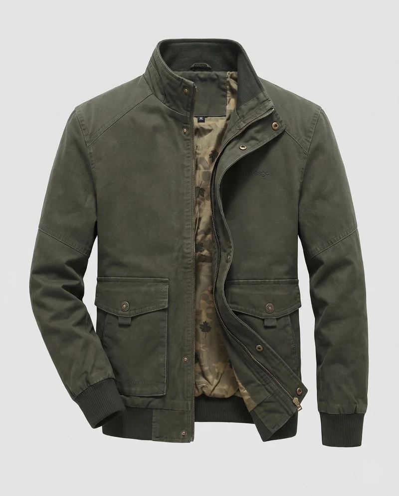 Herren-Canvas-Blouson mit gerippten Bündchen, verdecktem Frontreißverschluss und Camouflage-Futter Drune