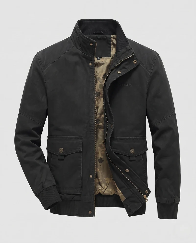 Herren-Canvas-Blouson mit gerippten Bündchen, verdecktem Frontreißverschluss und Camouflage-Futter Drune