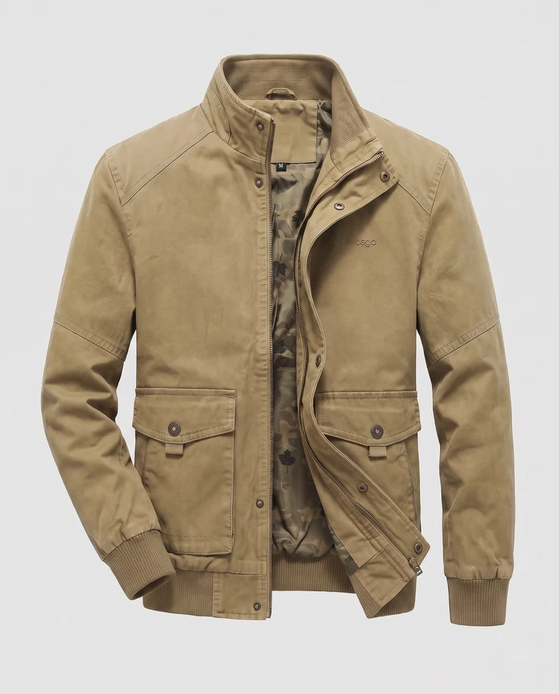Herren-Canvas-Blouson mit gerippten Bündchen, verdecktem Frontreißverschluss und Camouflage-Futter Drune