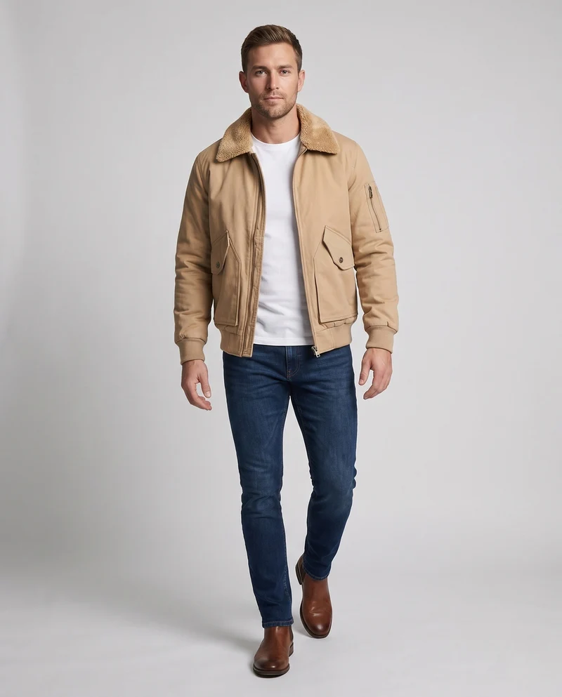 Herren Canvas Bomberjacke mit Teddykragen, Ärmeltasche und winddichter Außenschicht Drune