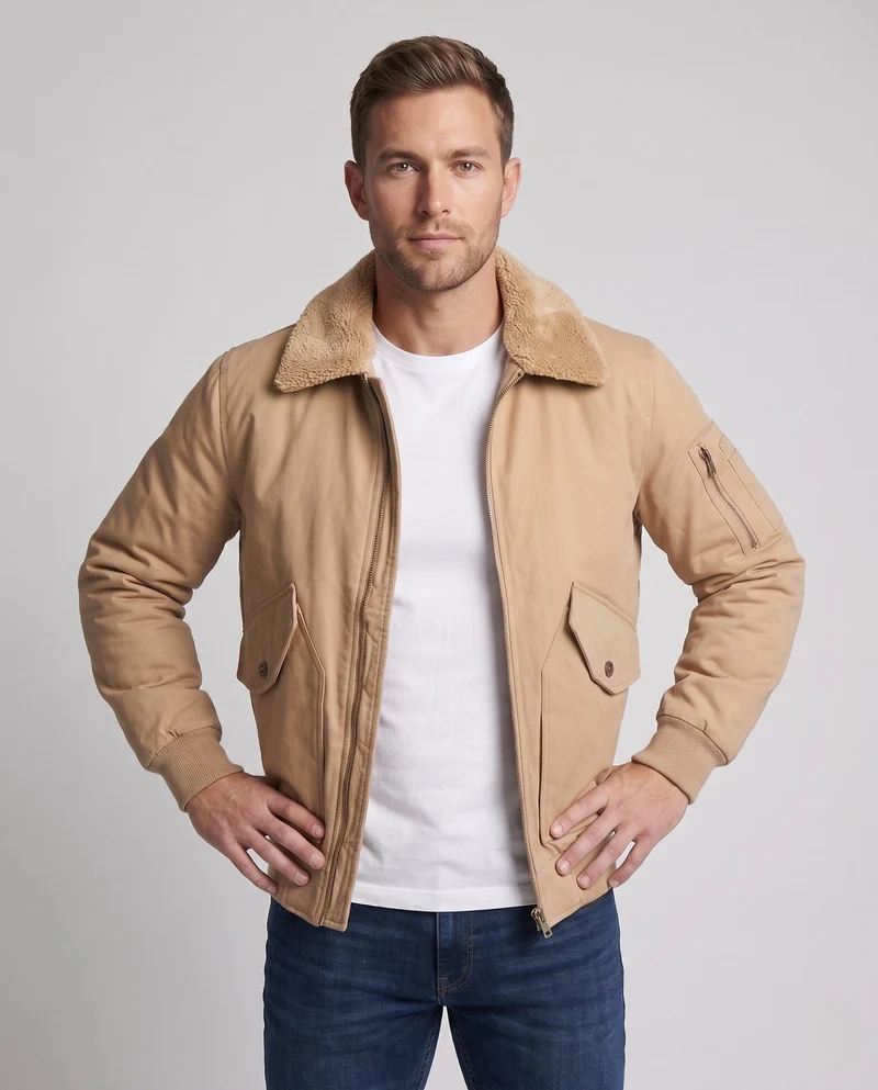 Herren Canvas Bomberjacke mit Teddykragen, Ärmeltasche und winddichter Außenschicht Drune