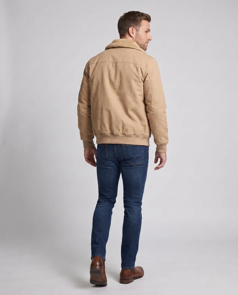 Herren Canvas Bomberjacke mit Teddykragen, Ärmeltasche und winddichter Außenschicht Drune
